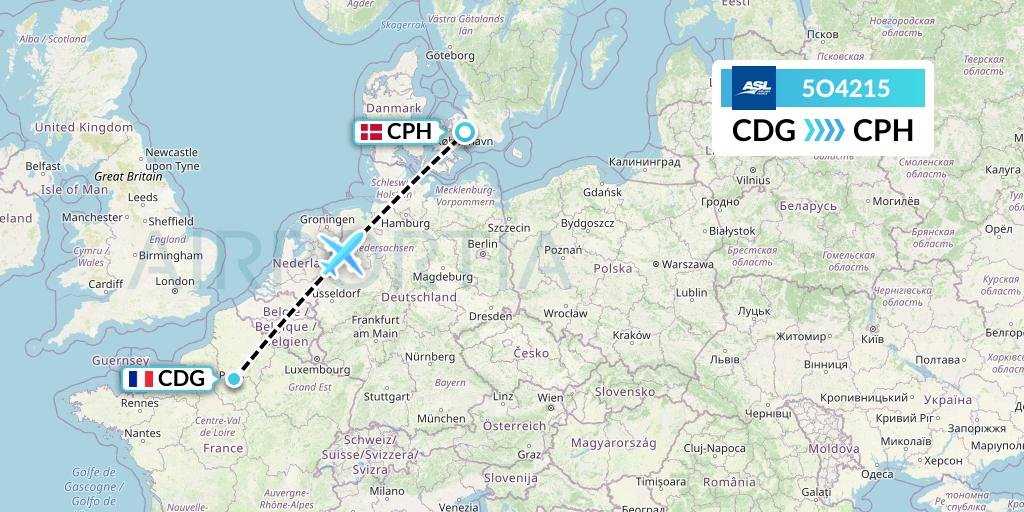 5O4215 ASL Airlines France Flight Map: Paris to Copenhagen
