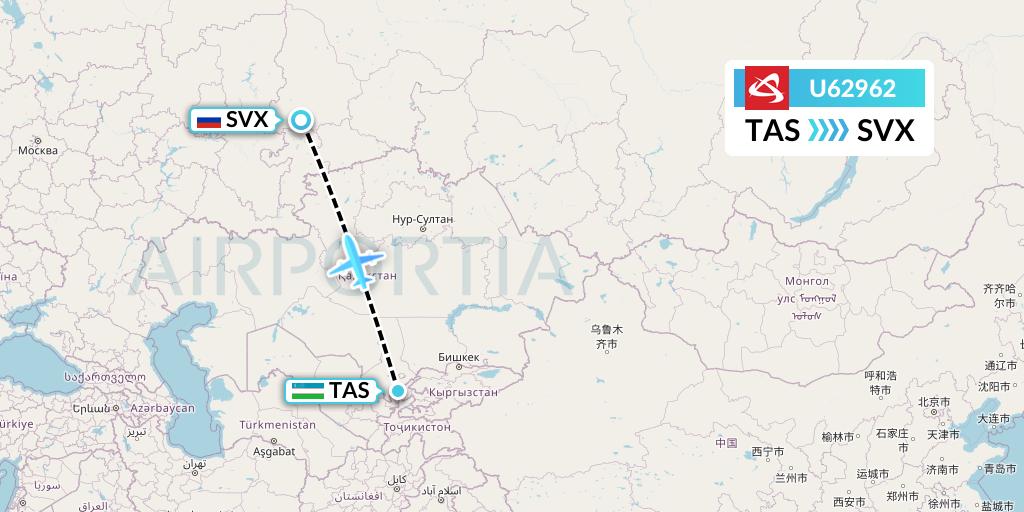 U62962 Ural Airlines Flight Map: Tashkent to Yekaterinburg