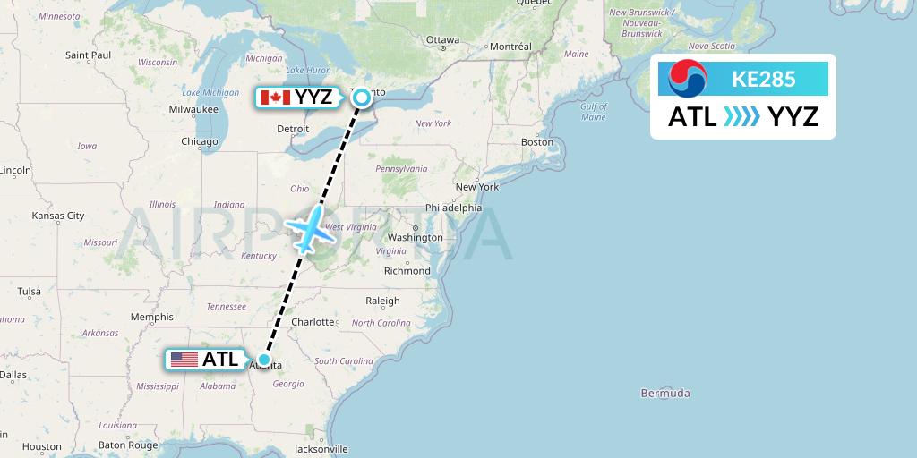 KE285 Korean Air Flight Map: Atlanta to Toronto