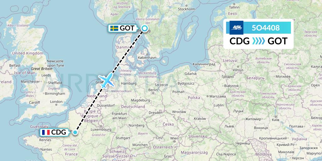 5O4408 ASL Airlines France Flight Map: Paris to Gothenburg