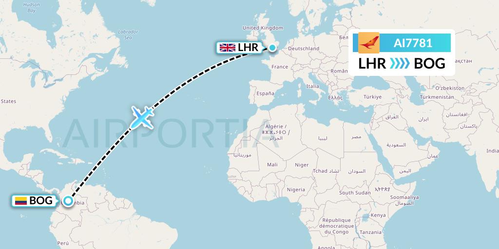 AI7781 Air India Flight Map: London to Bogota