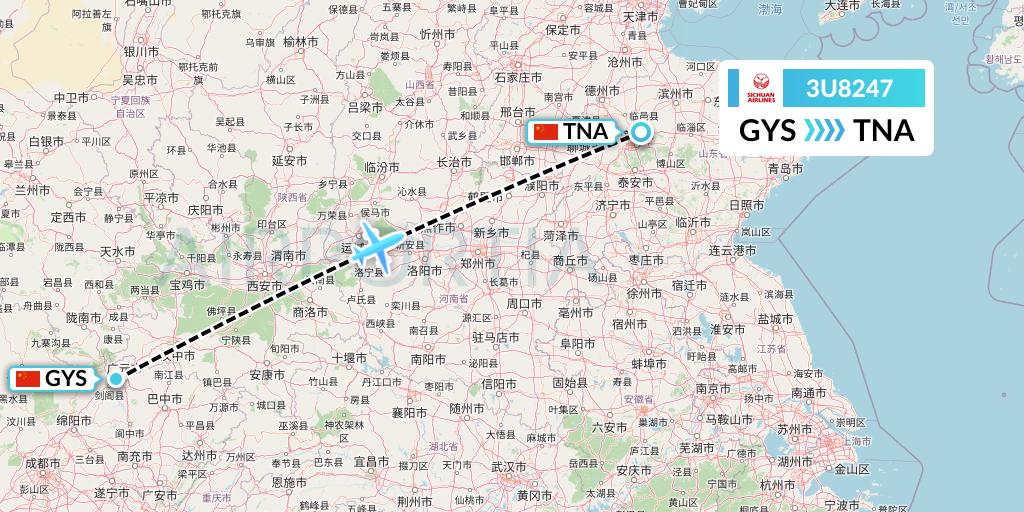 3U8247 Sichuan Airlines Flight Map: Guangyuan to Jinan