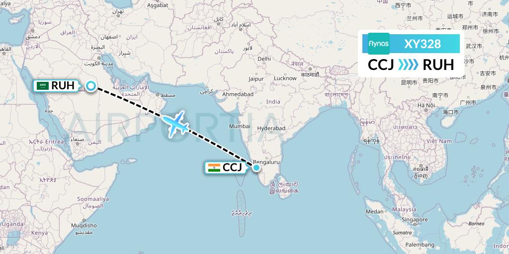 XY328 Flynas Flight Map: Kozhikode to Riyadh