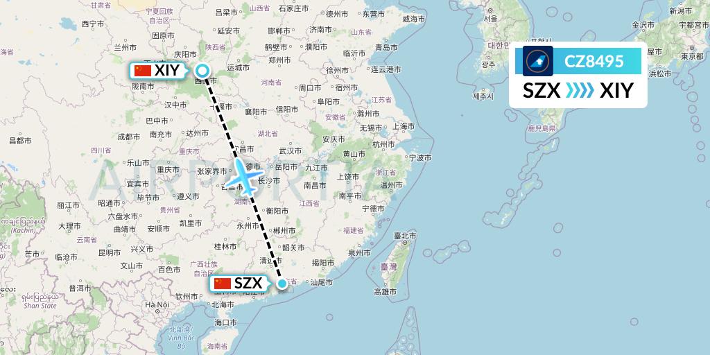 CZ8495 China Southern Airlines Flight Map: Shenzhen to Xi'an