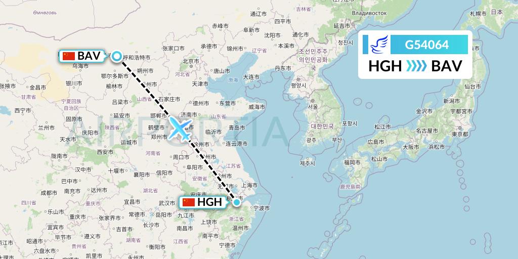 G54064 China Express Airlines Flight Map: Hangzhou to Baotou