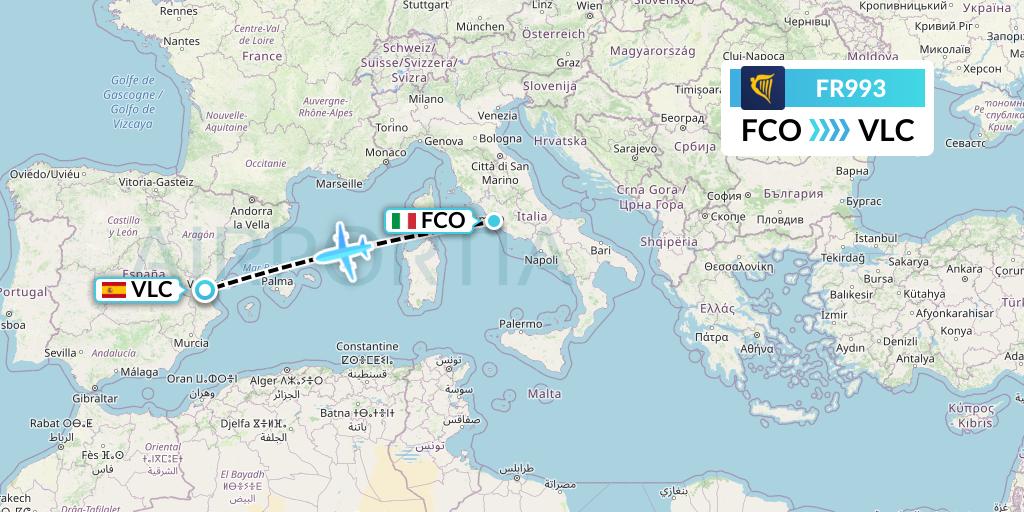 FR993 Ryanair Flight Map: Rome to Valencia