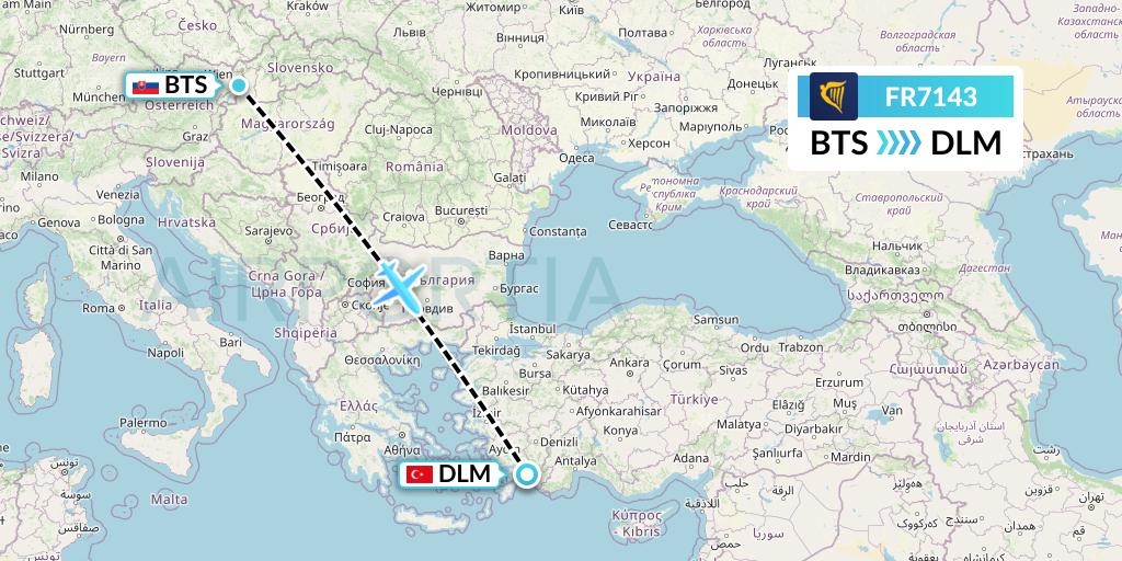 FR7143 Ryanair Flight Map: Bratislava to Dalaman