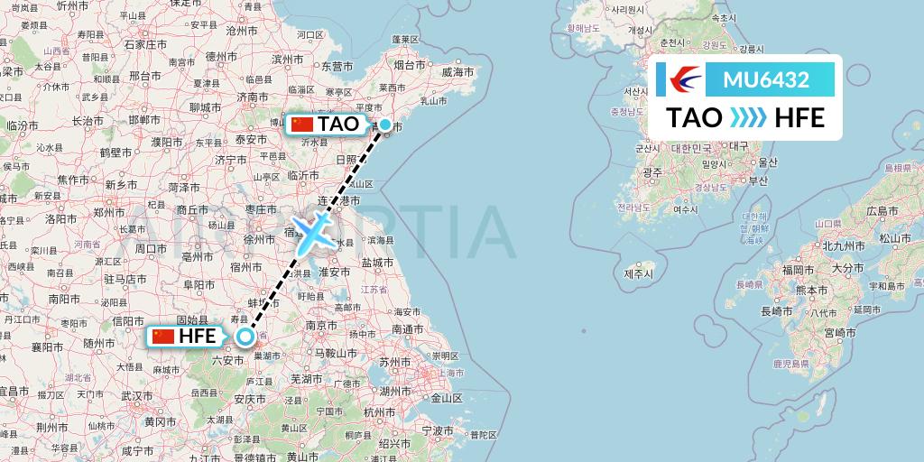 MU6432 China Eastern Airlines Flight Map: Qingdao to Hefei