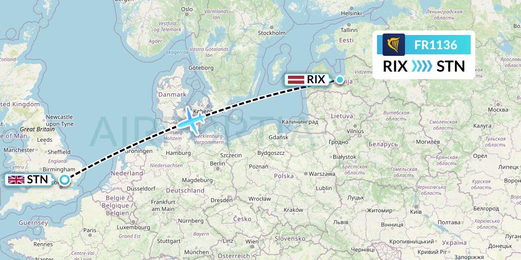 FR1136 Ryanair Flight Map: Riga to London