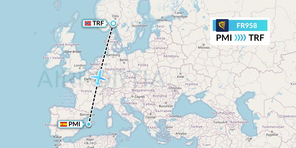 FR958 Ryanair Flight Map: Palma de Mallorca to Oslo