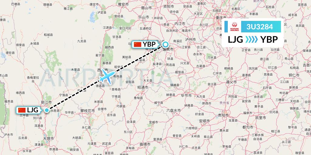 3U3284 Sichuan Airlines Flight Map: Lijiang to Yibin