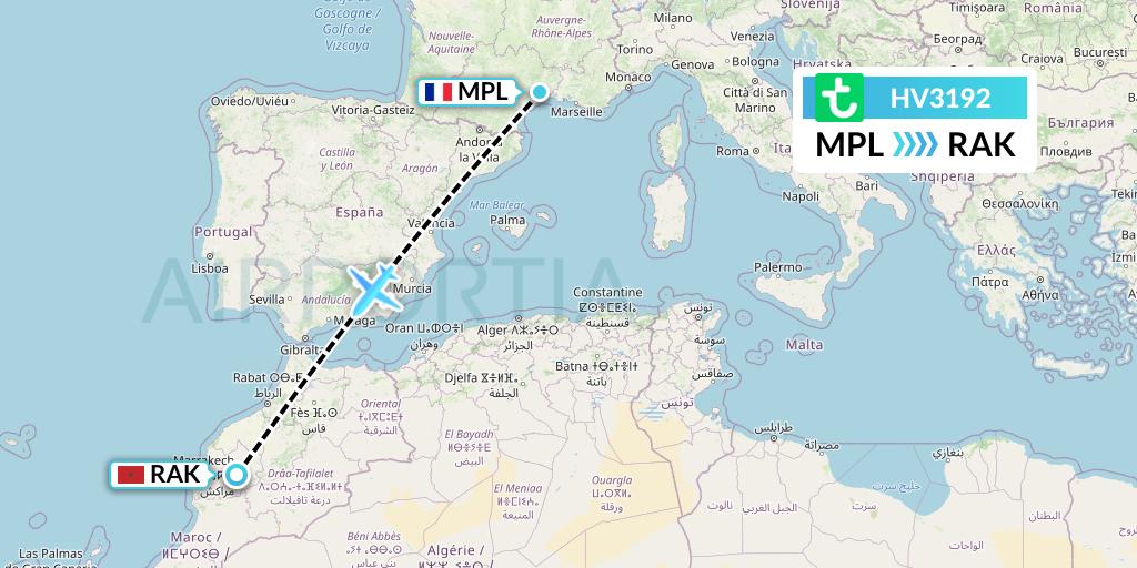 HV3192 Transavia Flight Map: Montpellier to Marrakesh
