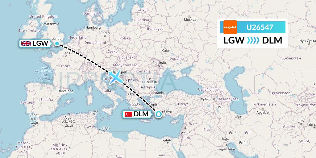 U26547 EasyJet Flight Map: London to Dalaman
