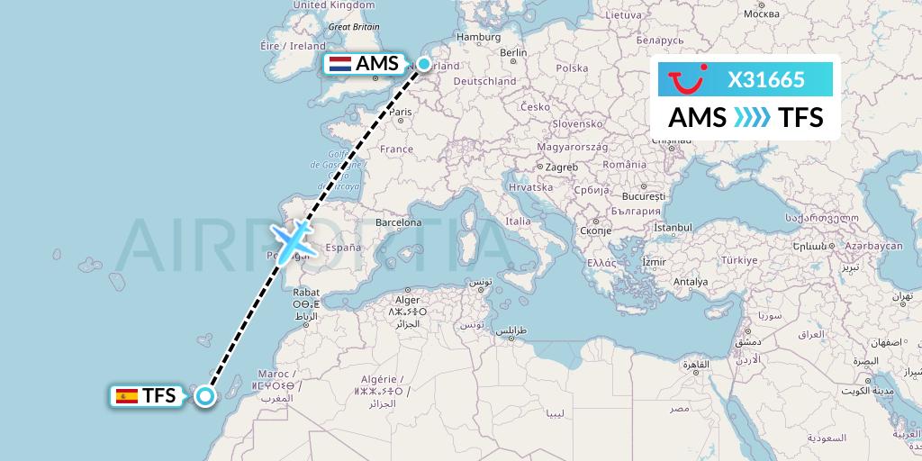 X31665 TUI fly Germany Flight Map: Amsterdam to Tenerife