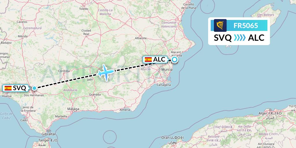 FR5065 Ryanair Flight Map: Seville to Alicante