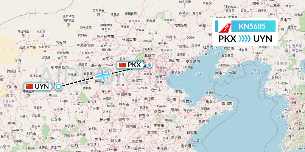 KN5605 China United Airlines Flight Map: Beijing to Yulin
