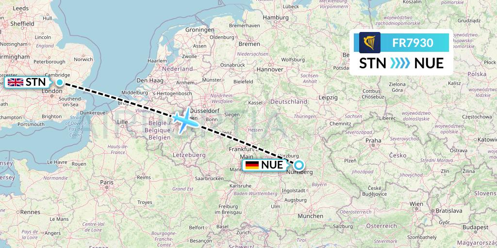 FR7930 Ryanair Flight Map: London to Nurnberg