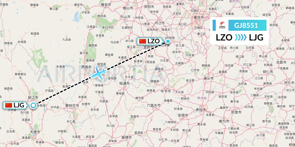 GJ8551 Loong Airlines Flight Map: Luzhou to Lijiang