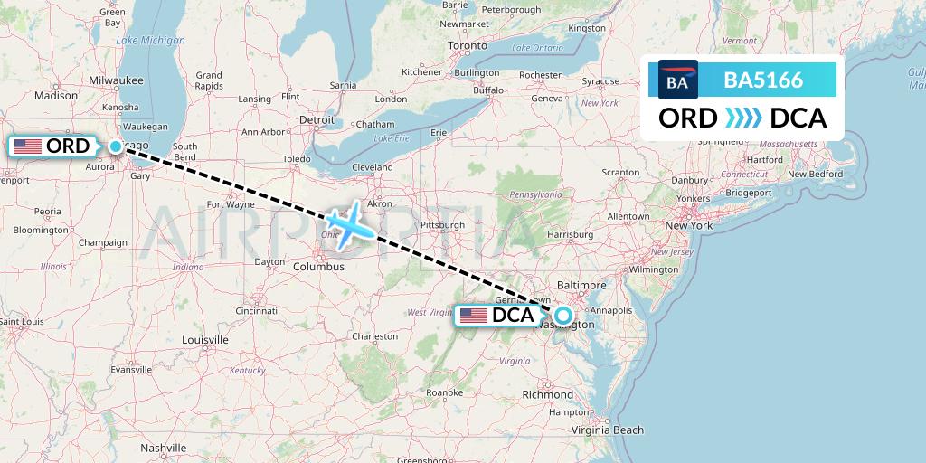 BA5166 British Airways Flight Map: Chicago to Washington