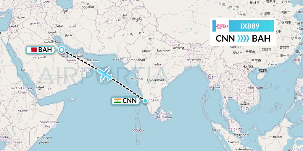 IX889 Air India Express Flight Map: Mattannur to Bahrain