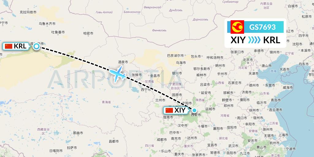GS7693 Tianjin Airlines Flight Map: Xi'an to Korla