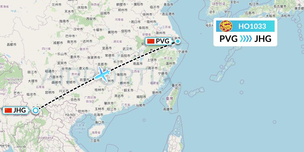 HO1033 Juneyao Airlines Flight Map: Shanghai to Jinghong