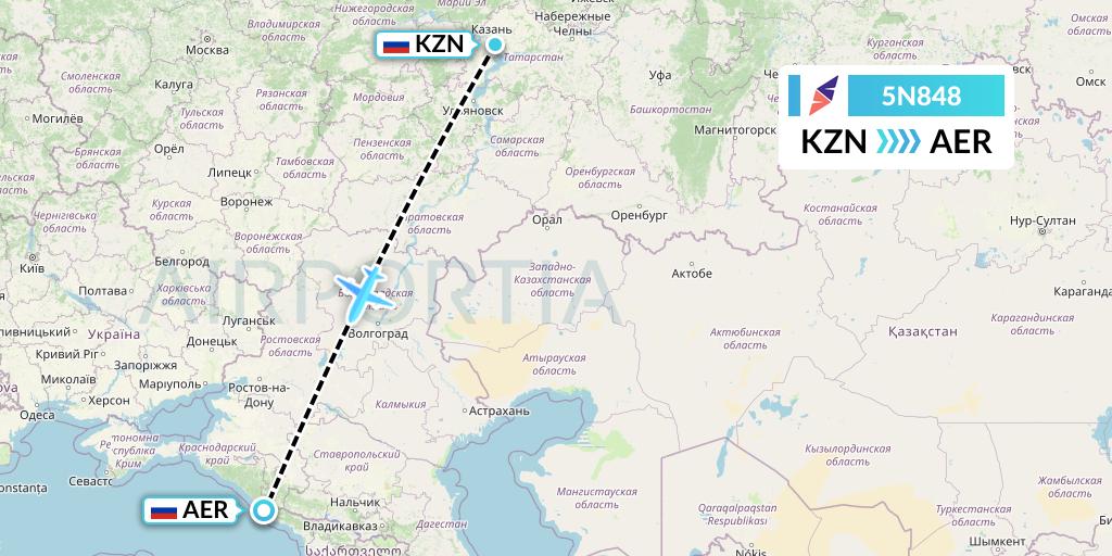 5N848 Nordavia Flight Map: Kazan to Sochi