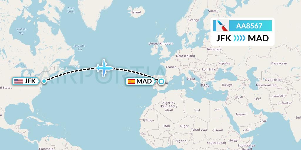 AA8567 American Airlines Flight Map: New York to Madrid