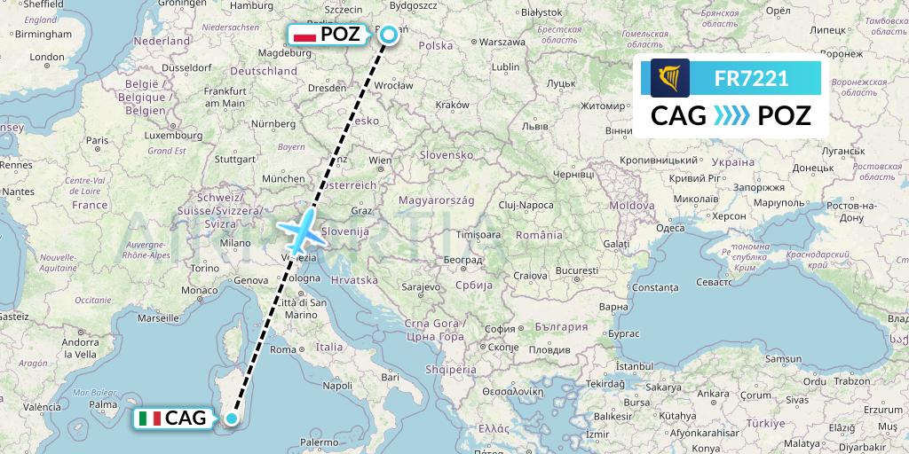 FR7221 Ryanair Flight Map: Cagliari to Poznan