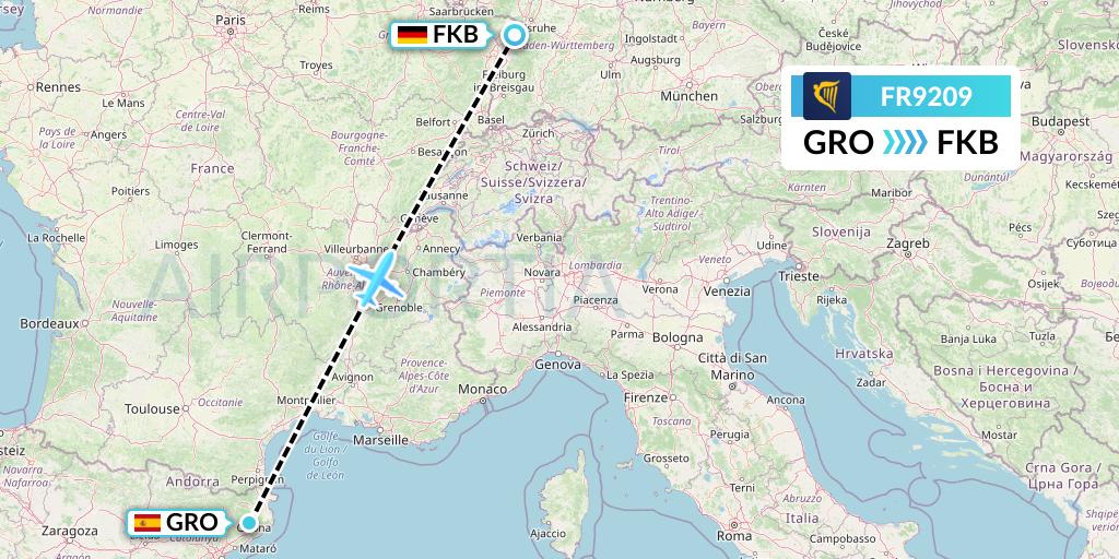 FR9209 Ryanair Flight Map: Girona to Karlsruhe/Baden-Baden