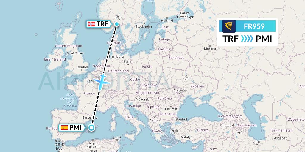 FR959 Ryanair Flight Map: Oslo to Palma de Mallorca