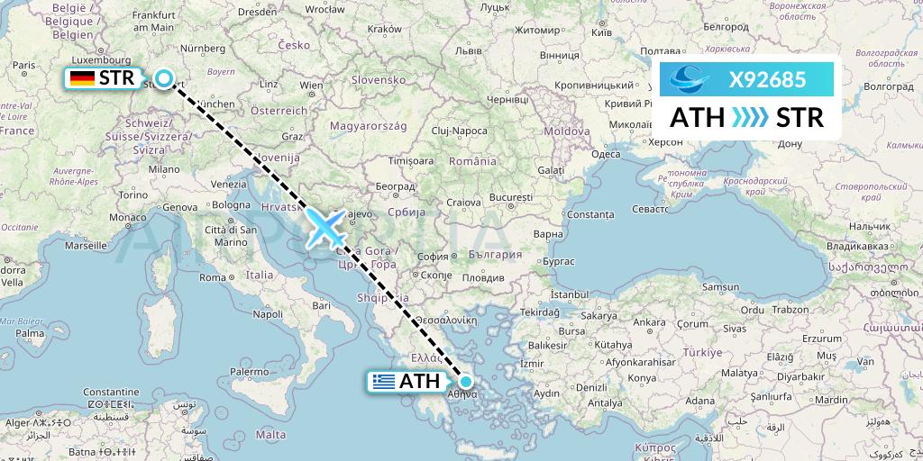 X92685 Avion Express Flight Map: Athens to Stuttgart