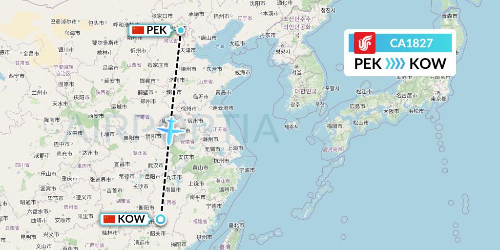 CA1827 Air China Flight Map: Beijing to Ganzhou