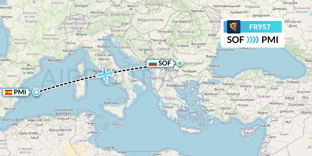 FR957 Ryanair Flight Map: Sofia to Palma de Mallorca