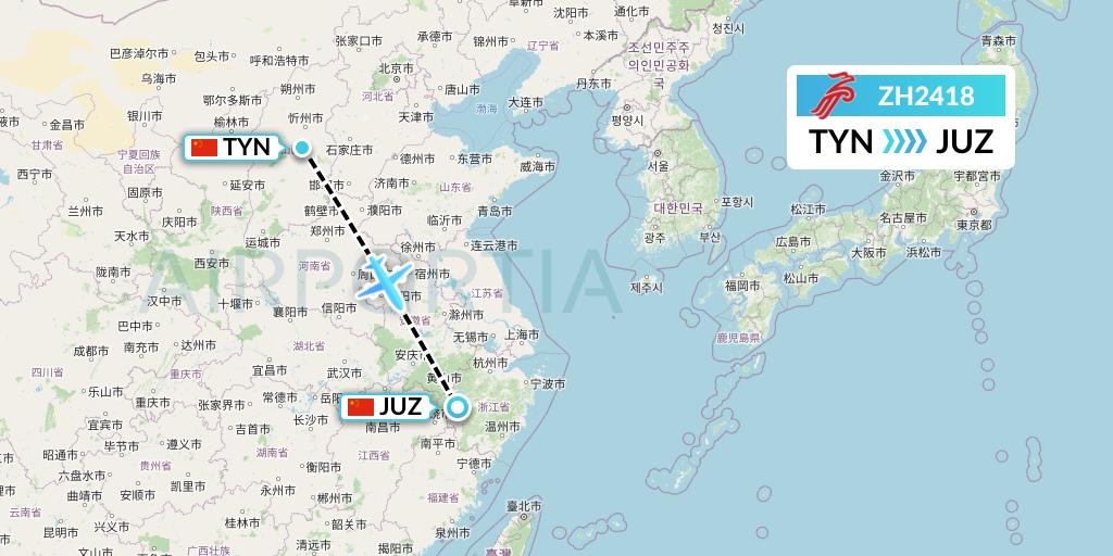 ZH2418 Shenzhen Airlines Flight Map: Taiyuan to Quzhou
