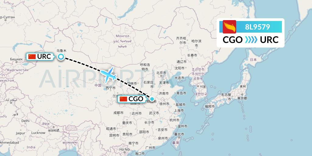 8L9579 Lucky Air Flight Map: Zhengzhou to Urumqi