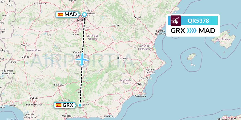 QR5378 Qatar Airways Flight Map: Granada to Madrid