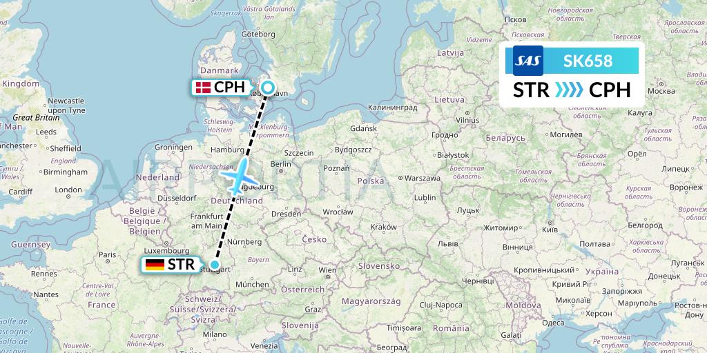 SK658 SAS Flight Map: Stuttgart to Copenhagen