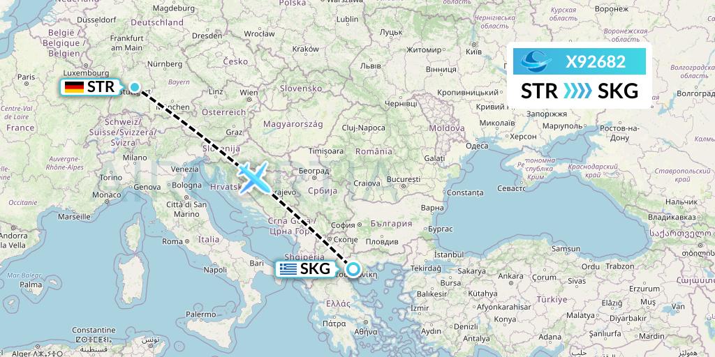X92682 Avion Express Flight Map: Stuttgart to Thessaloniki