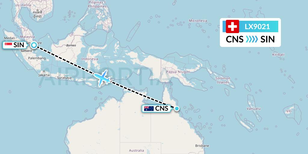 LX9021 Swiss Flight Map: Cairns to Singapore