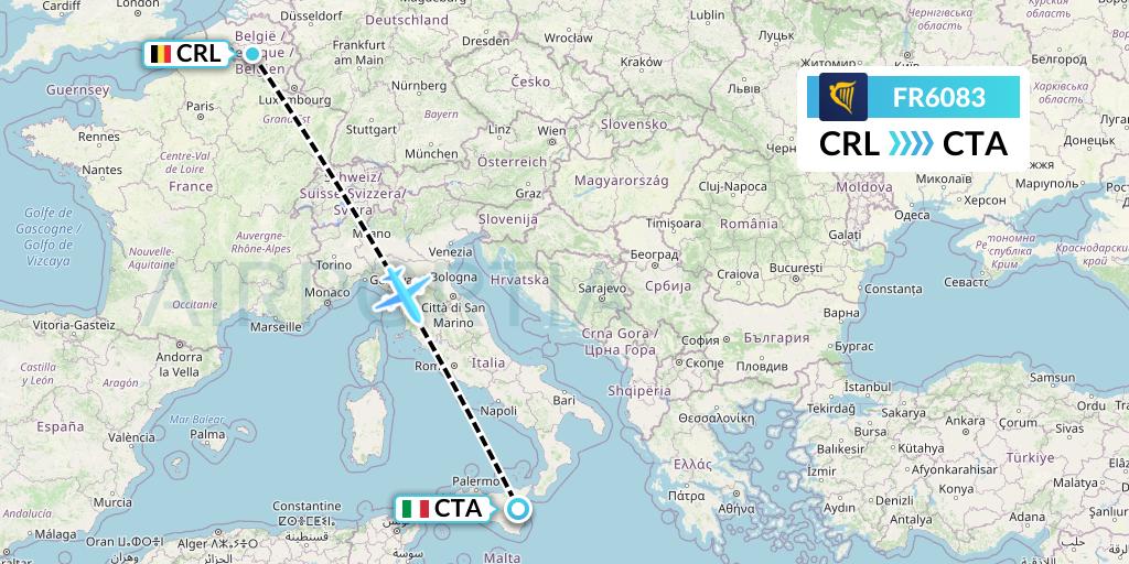 FR6083 Ryanair Flight Map: Brussels to Catania