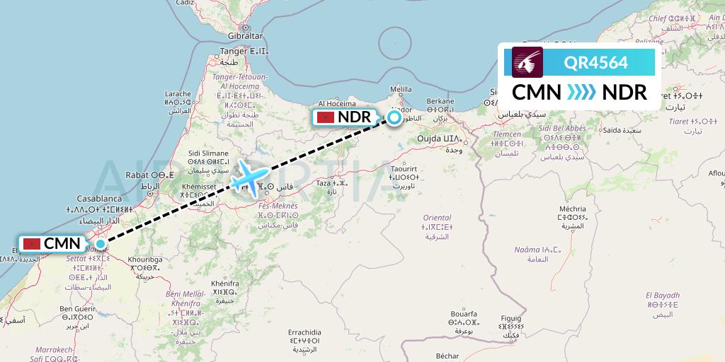 QR4564 Qatar Airways Flight Map: Casablanca to Nador