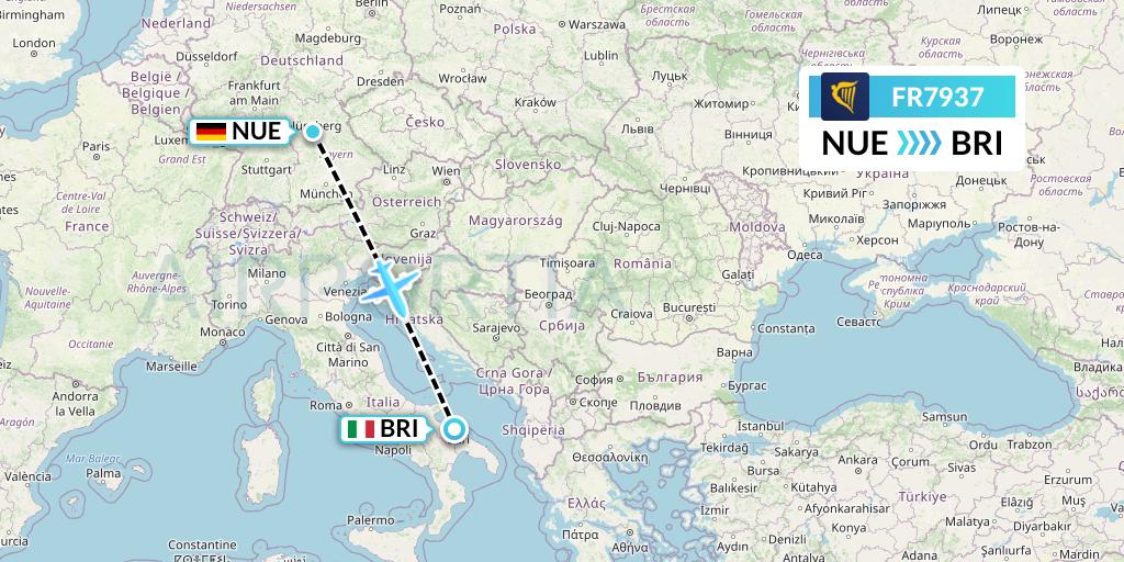 FR7937 Ryanair Flight Map: Nurnberg to Bari