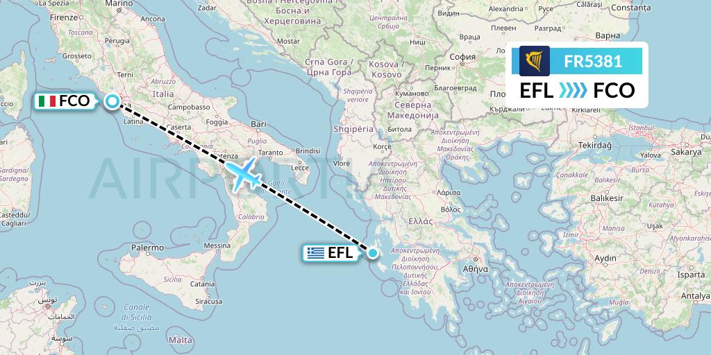 FR5381 Ryanair Flight Map: Kefalonia to Rome