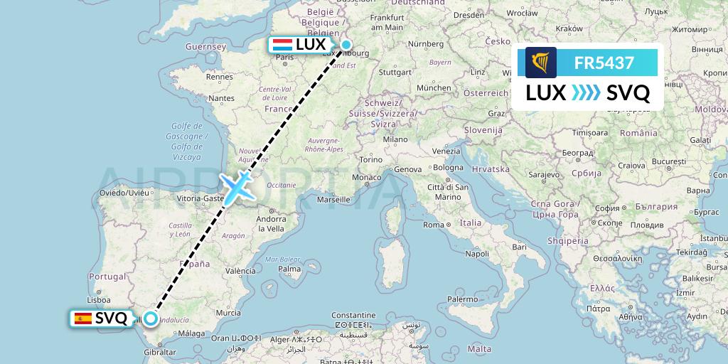 FR5437 Ryanair Flight Map: Luxembourg to Seville