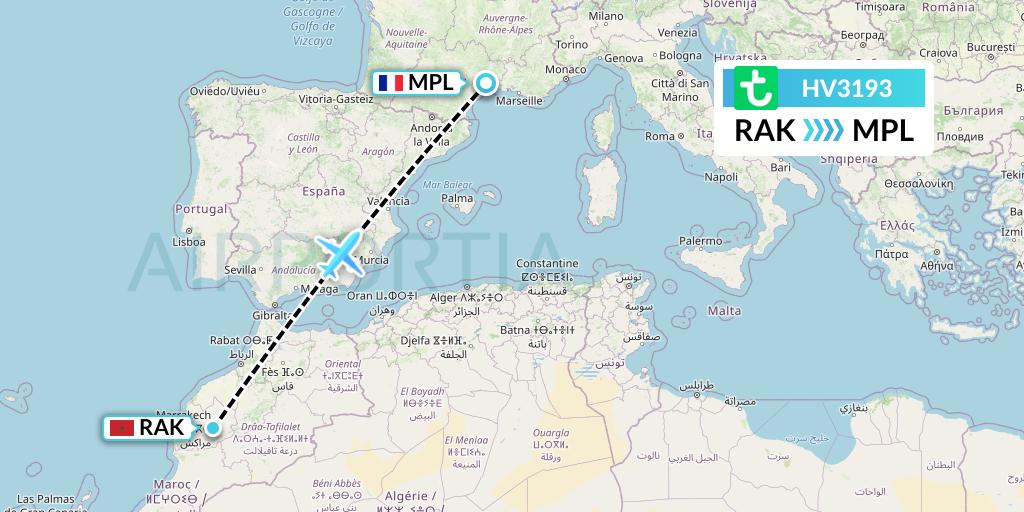 HV3193 Transavia Flight Map: Marrakesh to Montpellier