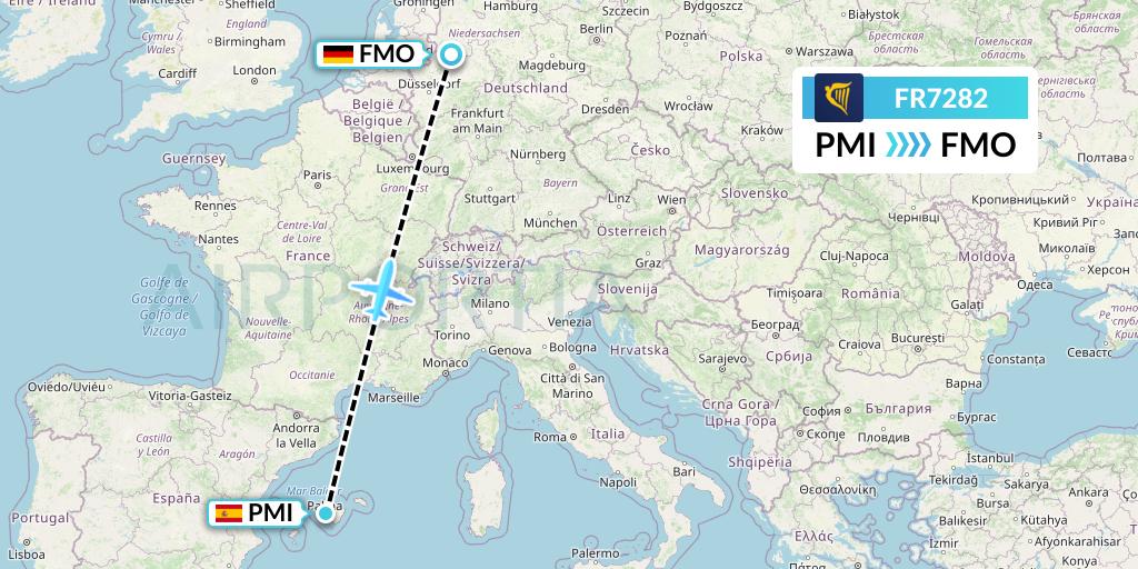 FR7282 Ryanair Flight Map: Palma de Mallorca to Munster