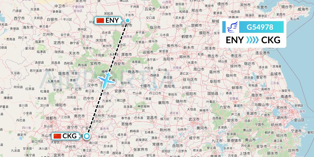 G54978 China Express Airlines Flight Map: Yan'an to Chongqing