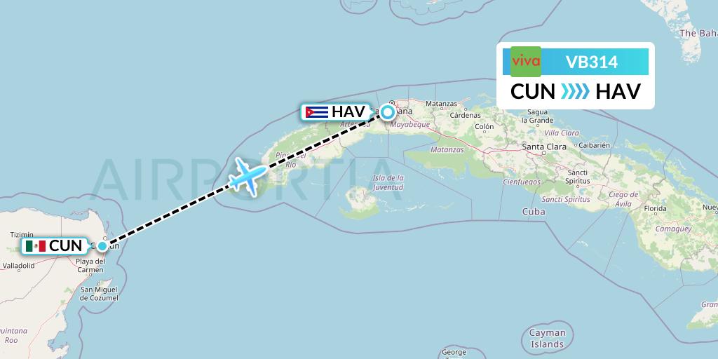 VB314 VivaAerobus Flight Map: Cancun to Havana