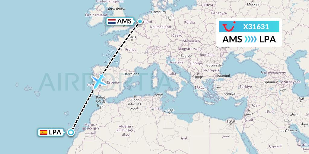 X31631 TUI fly Germany Flight Map: Amsterdam to Las Palmas